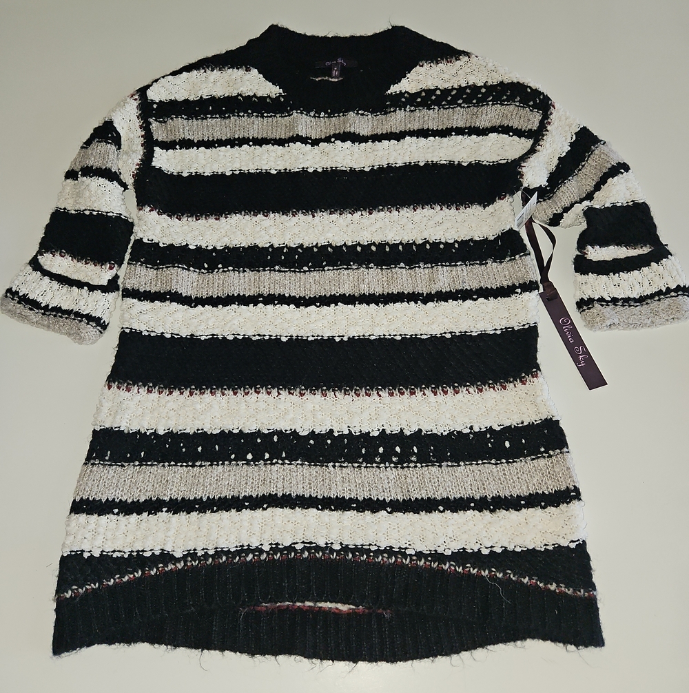 Olivia Sky Black and White Eyelash/Popcorn Textured Striped Crewneck Sweater